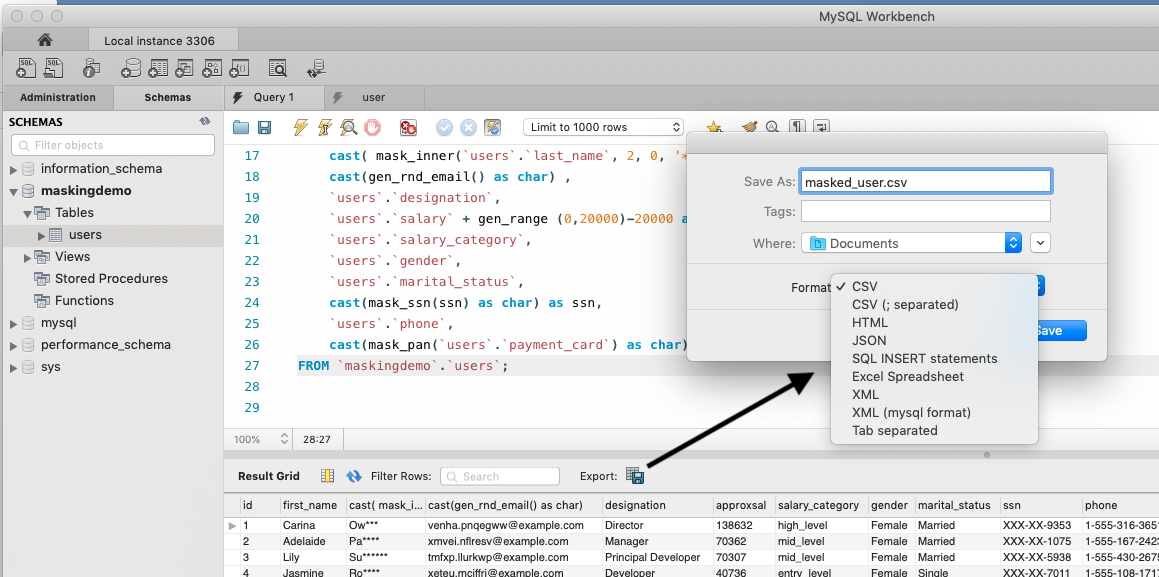 MySQL Workbench - Export Masked Data export button and selecting - csv, tab, json, ...