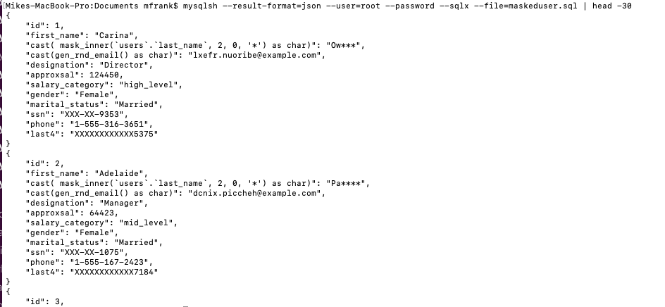 MySQL Shell - Masked Data - Pretty JSON Format