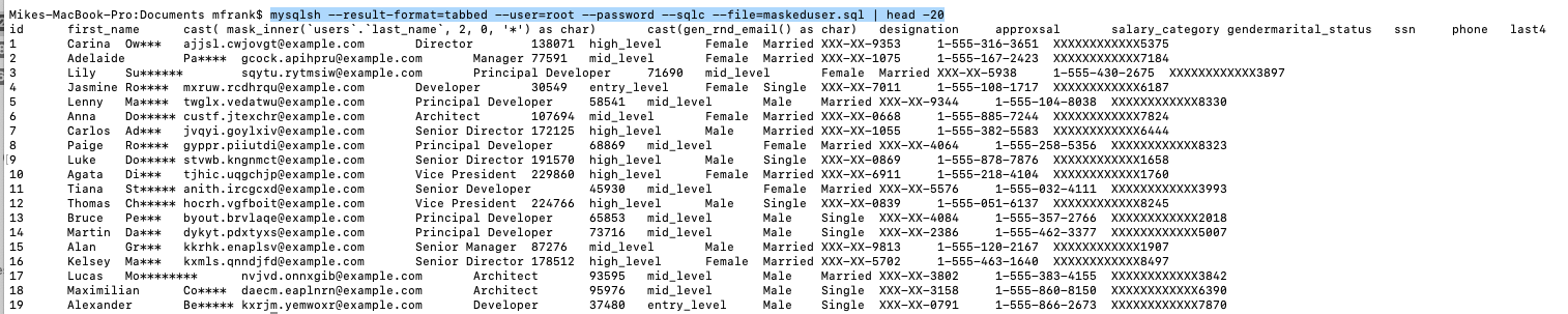 Shown MySQL Shell - Masked Data - Tabbed Format as output from batch execution