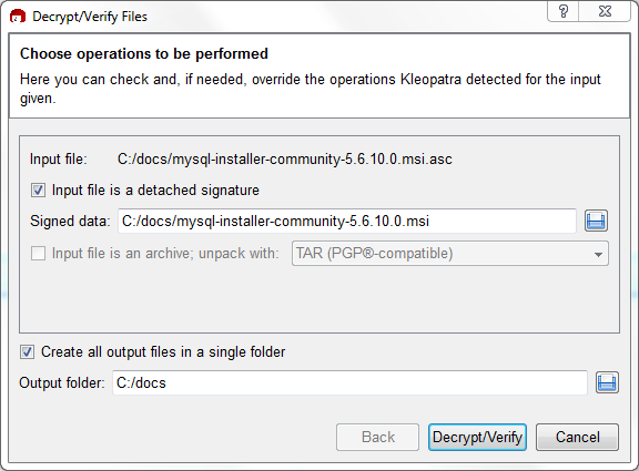 Shows available decrypt and verify options to perform. A MySQL Installer MSI file is used in the example where the .asc file is listed as "Input file" and the .msi file is listed under "Signed Data". The "Input file is detached signature" option's check box is checked. A "Input file is an archive; unpack with:" option is shown but greyed out. Below is the "Create all output files in a single folder" option check box that is checked, and an "Output folder" input field with "C:/docs" entered as an example. The available buttons are "Back" (greyed out), "Decrypt/Verify", and "Cancel."