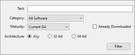 Filter by Text, Category, Maturity, Already Downloaded, and Architecture.